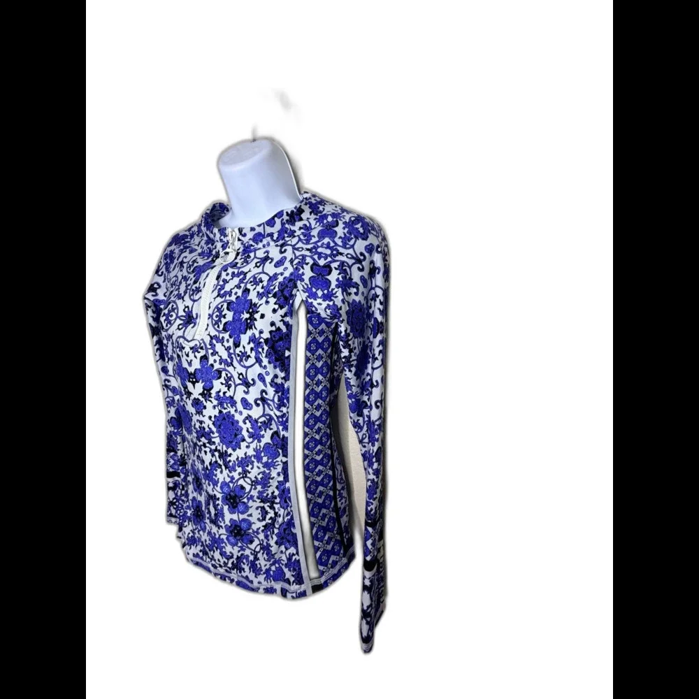 Nanette Lepore Blue Floral Long Sleeve Quarter Zip Rash Guard Swim Top sz M